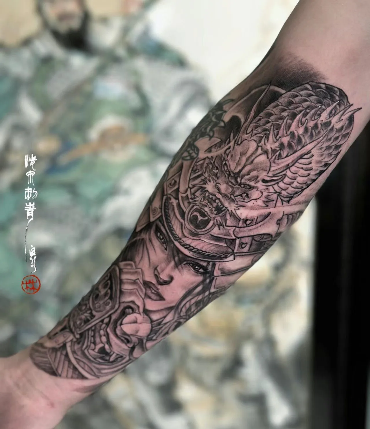 Dragon and samurai woman forearm sleeve with painterly warrior background